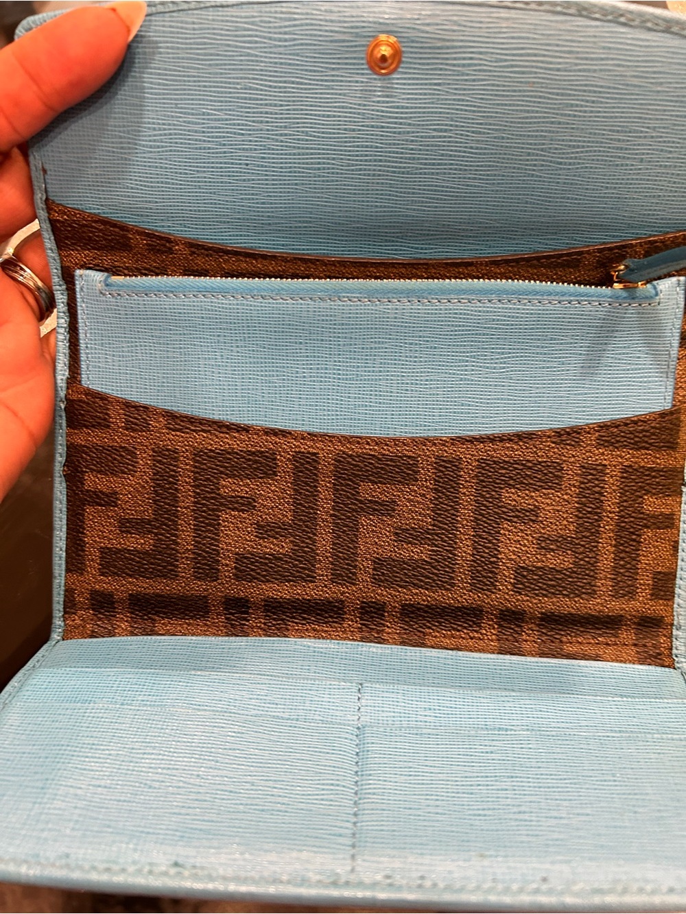 Authentic FENDI Brown Monogram Clutch with Turquoise Trim - Picture 6 of 12
